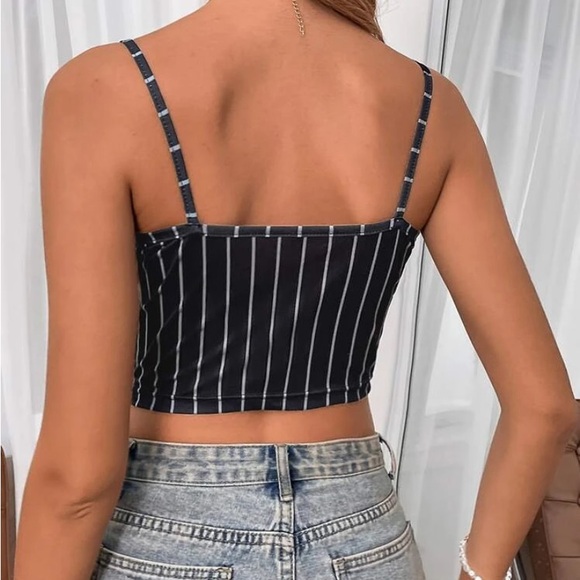 Dolly Pinstripe Bow Front Lace Cami Crop Top - Picture 4 of 6